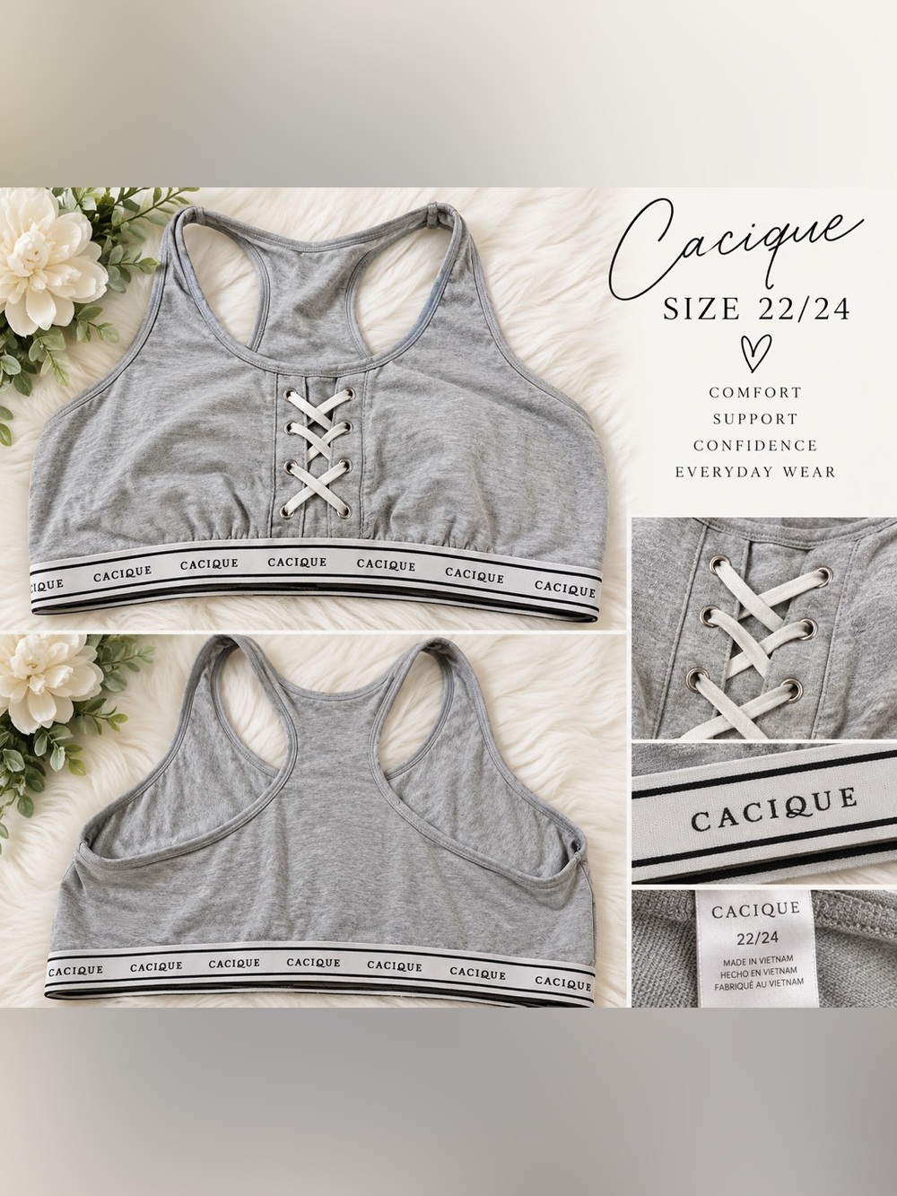 Cacique Gray Racerback Lace-Up Bralette / Sports Bra — Size 22/24